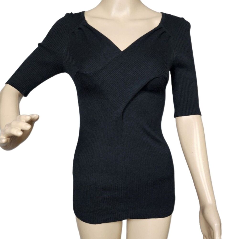 Banana Republic Black Ribbed Crossover Sweater - Small - 2009 Cotton Modal Wool